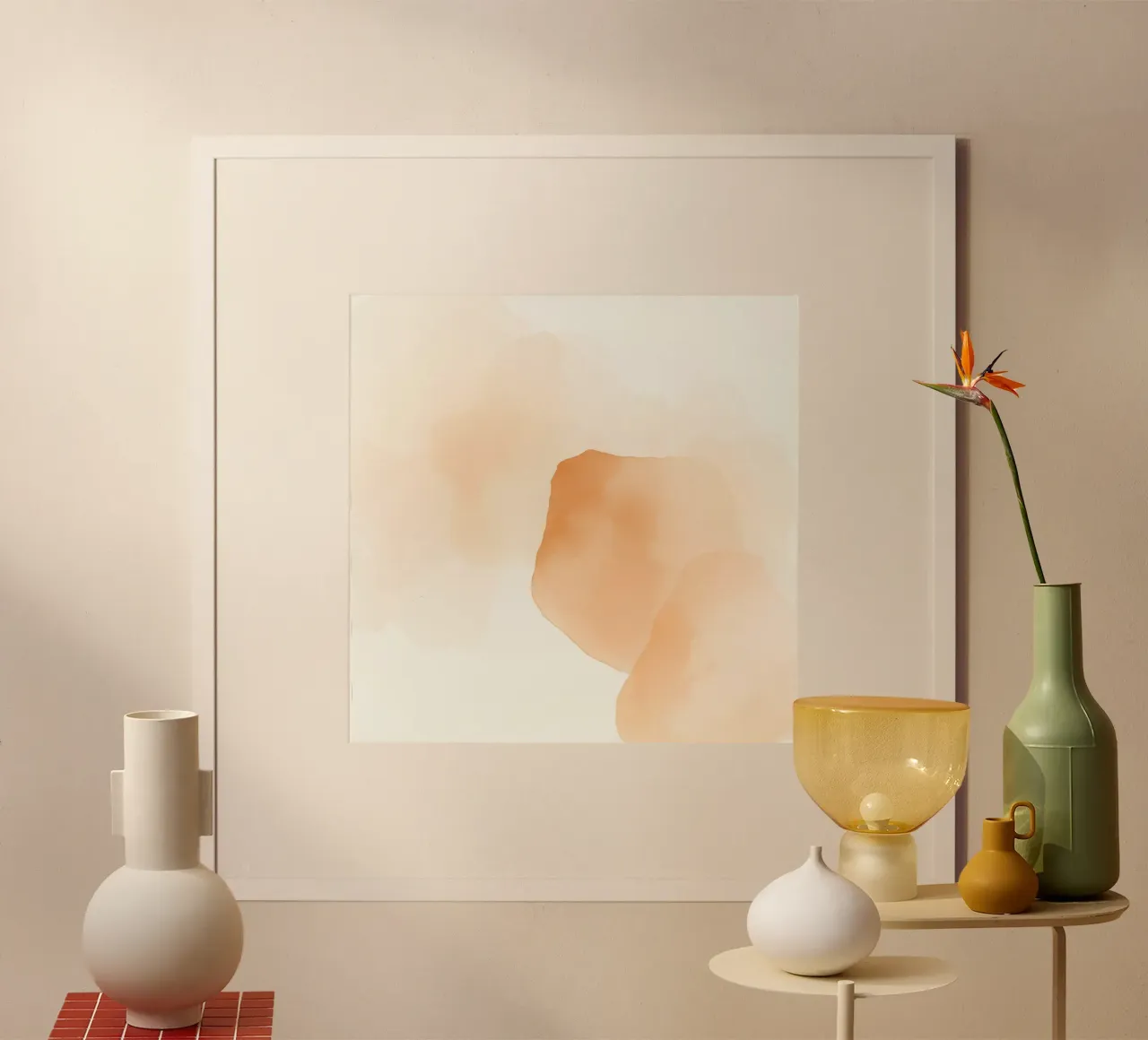 pittura astratta ad acquerello con i colori caldi del pesca e del beige poster con telaio in legno da DesignDoodle