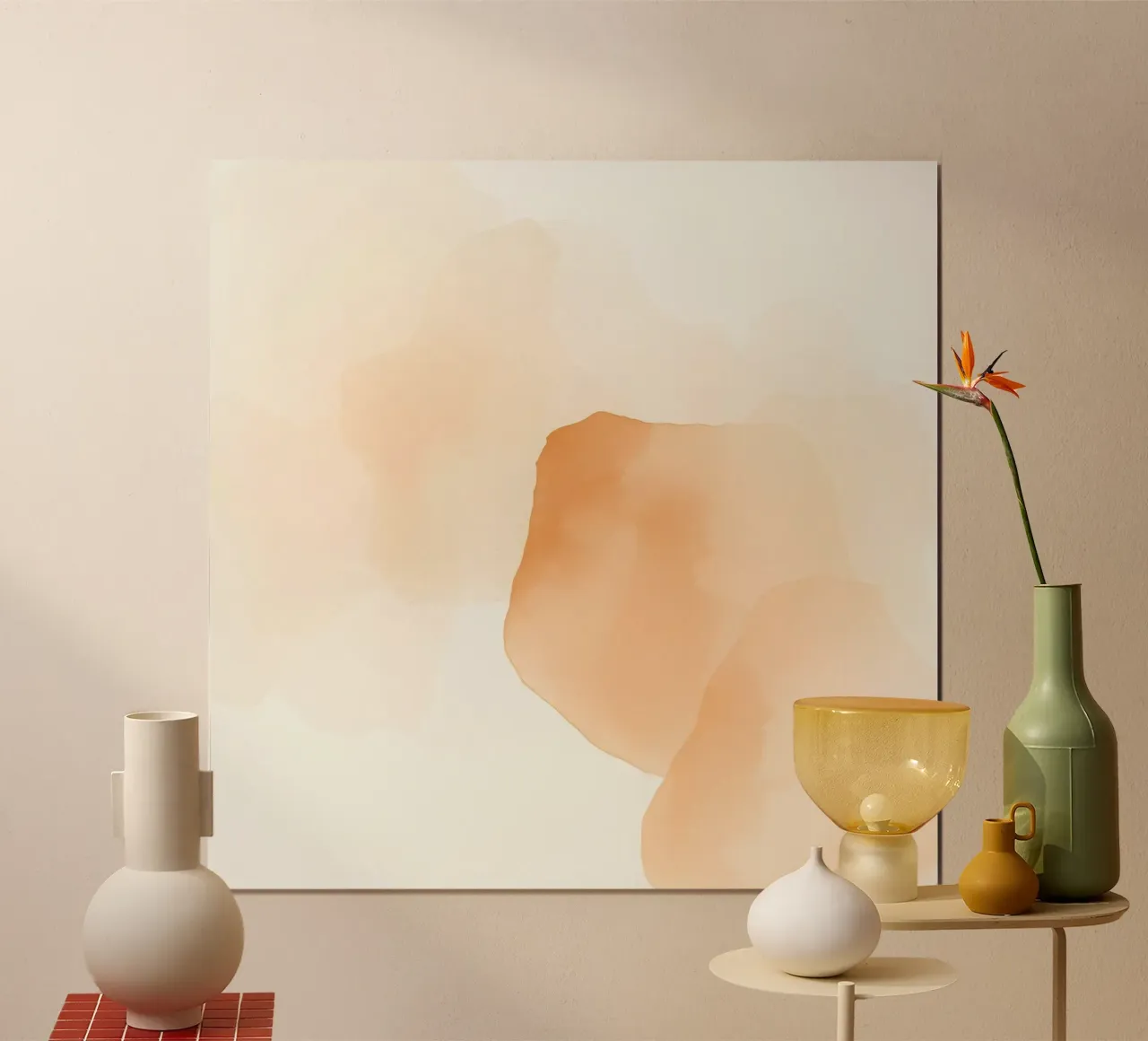 pittura astratta ad acquerello con i colori caldi del pesca e del beige poster con telaio in legno da DesignDoodle