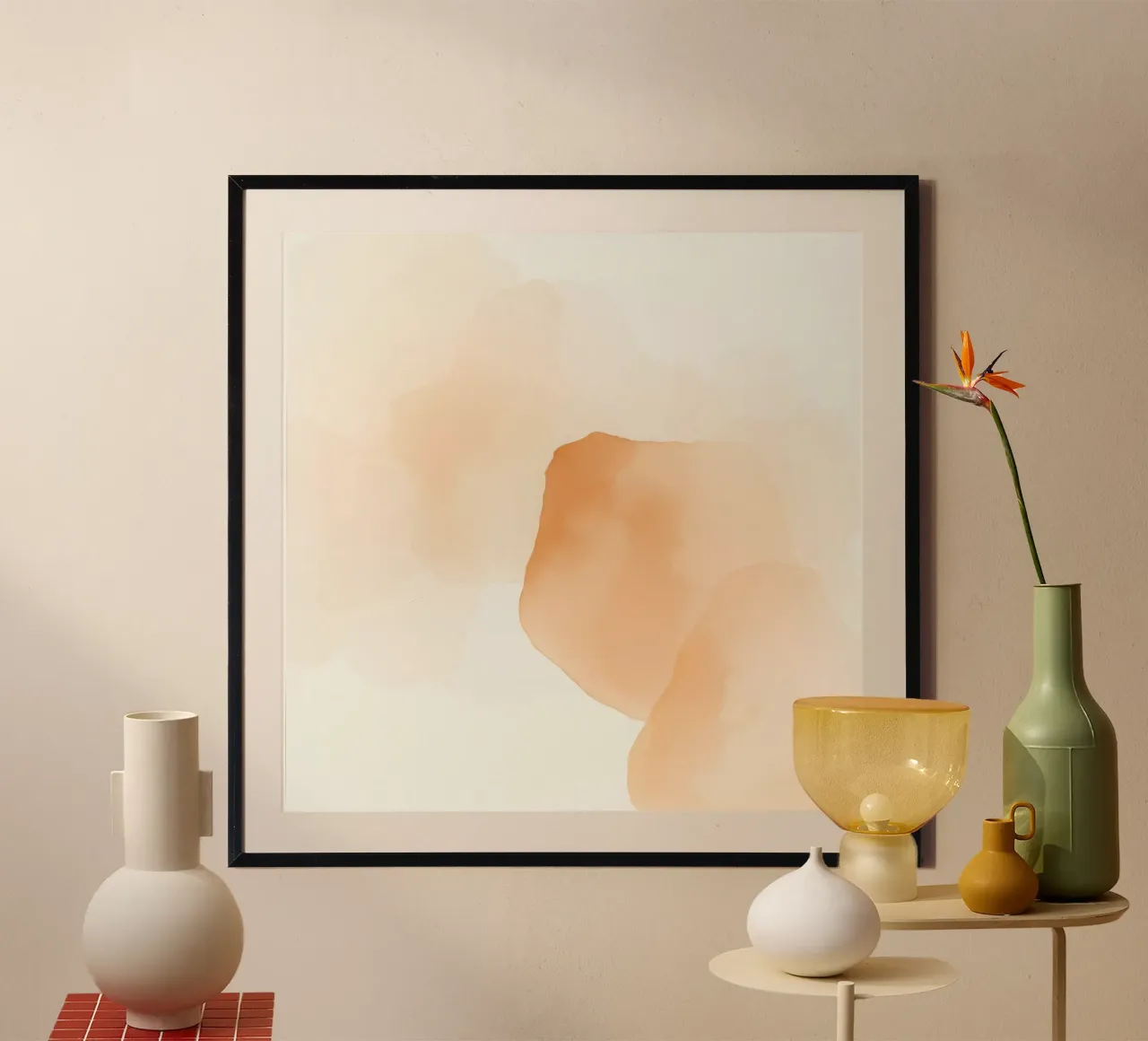 pittura astratta ad acquerello con i colori caldi del pesca e del beige poster con telaio in legno da DesignDoodle