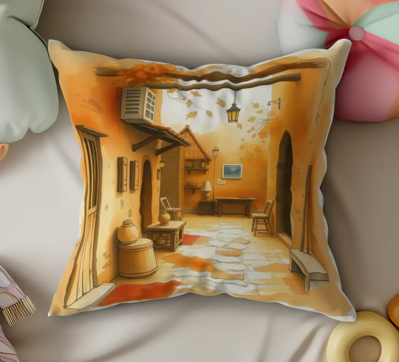 Incantevole vicolo autunnale dai colori caldi e dall'arredamento rustico cuscino da DesignDoodle