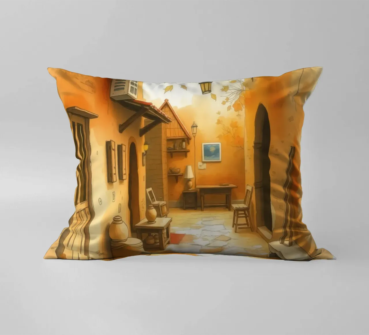 Incantevole vicolo autunnale dai colori caldi e dall'arredamento rustico cuscino da DesignDoodle