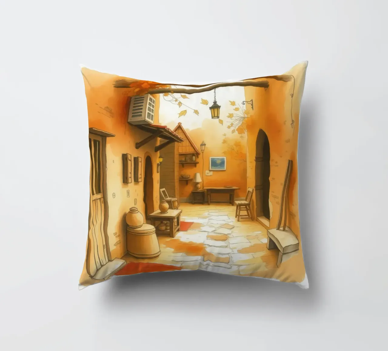 Incantevole vicolo autunnale dai colori caldi e dall'arredamento rustico cuscino da DesignDoodle