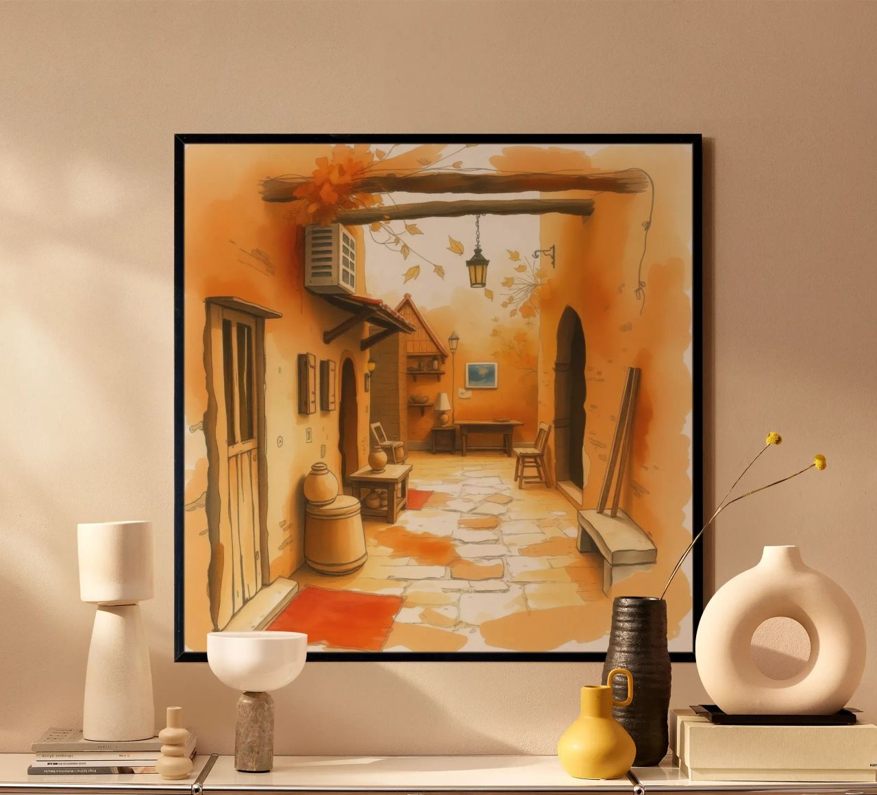 Charmante ruelle d'automne aux couleurs chaudes et au décor rustique poster de DesignDoodle