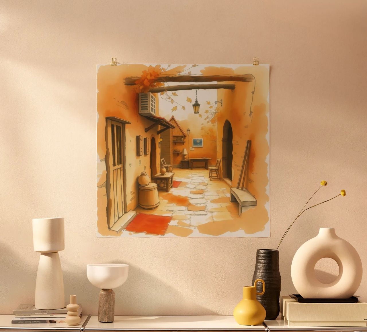 Charmante ruelle d'automne aux couleurs chaudes et au décor rustique poster de DesignDoodle