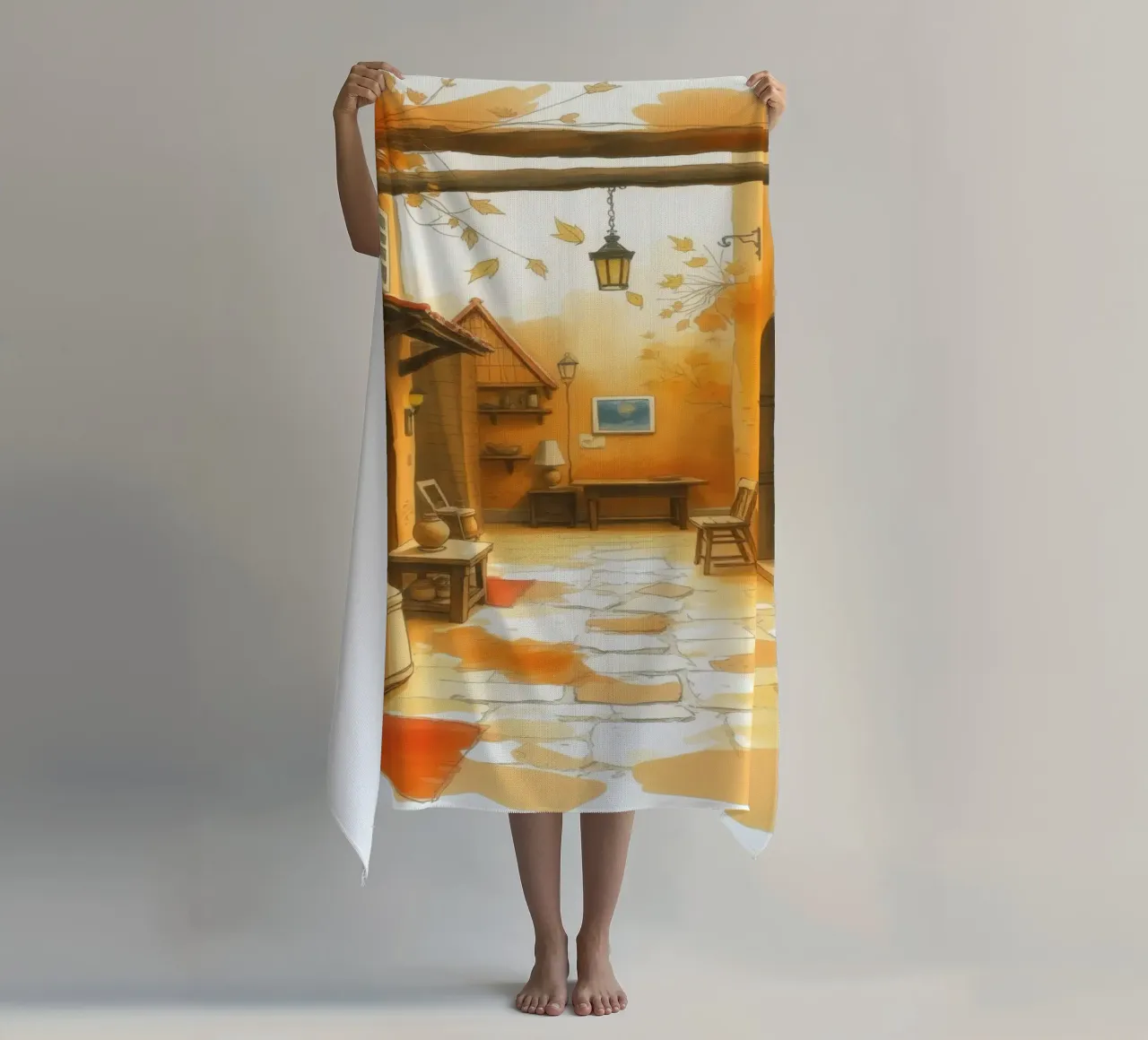 Incantevole vicolo autunnale dai colori caldi e dall'arredamento rustico telo mare da DesignDoodle