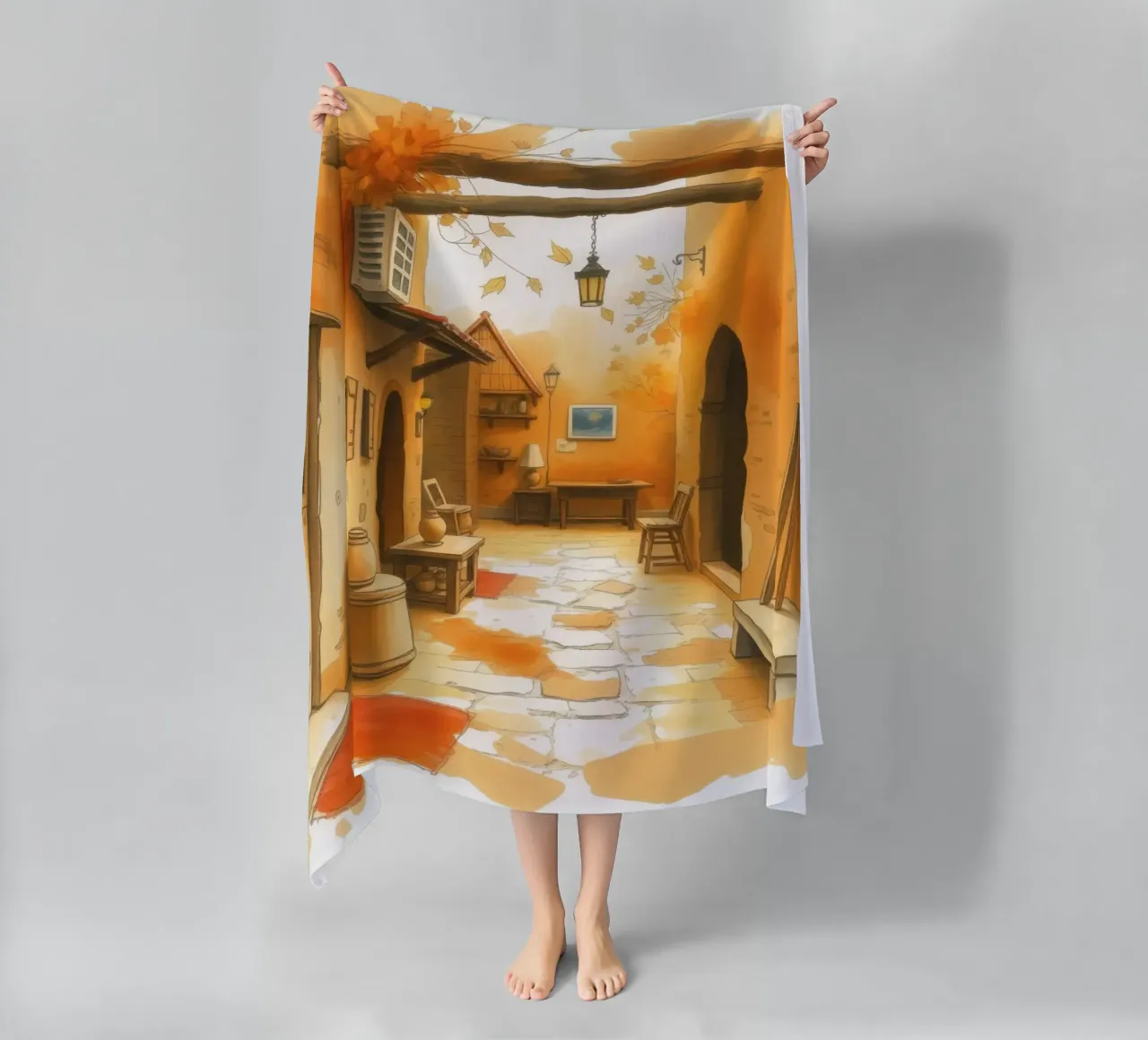 Incantevole vicolo autunnale dai colori caldi e dall'arredamento rustico telo mare da DesignDoodle