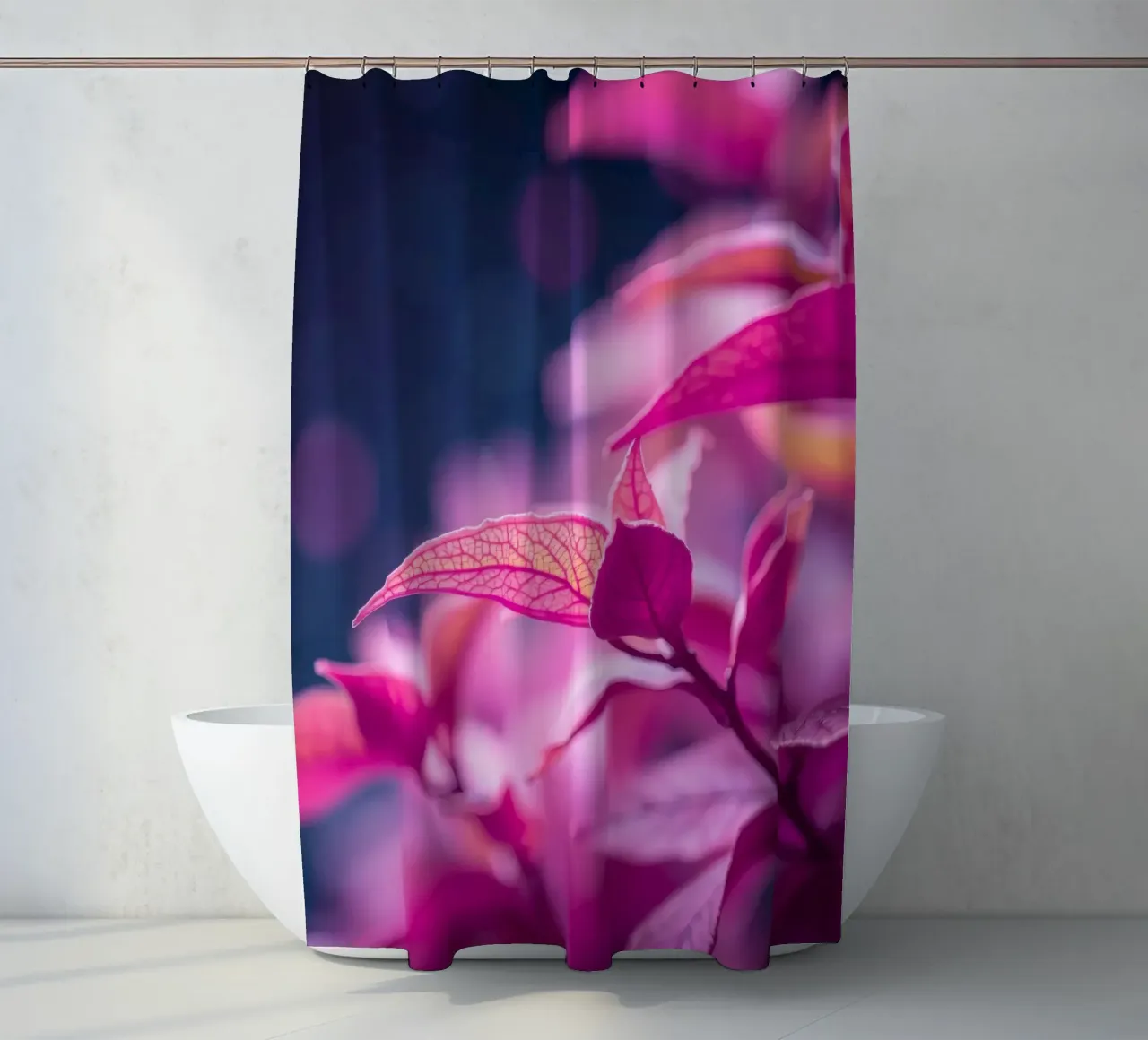 fogliame rosa illuminato da una luce soffusa in un look tranquillo tenda da doccia da DesignDoodle