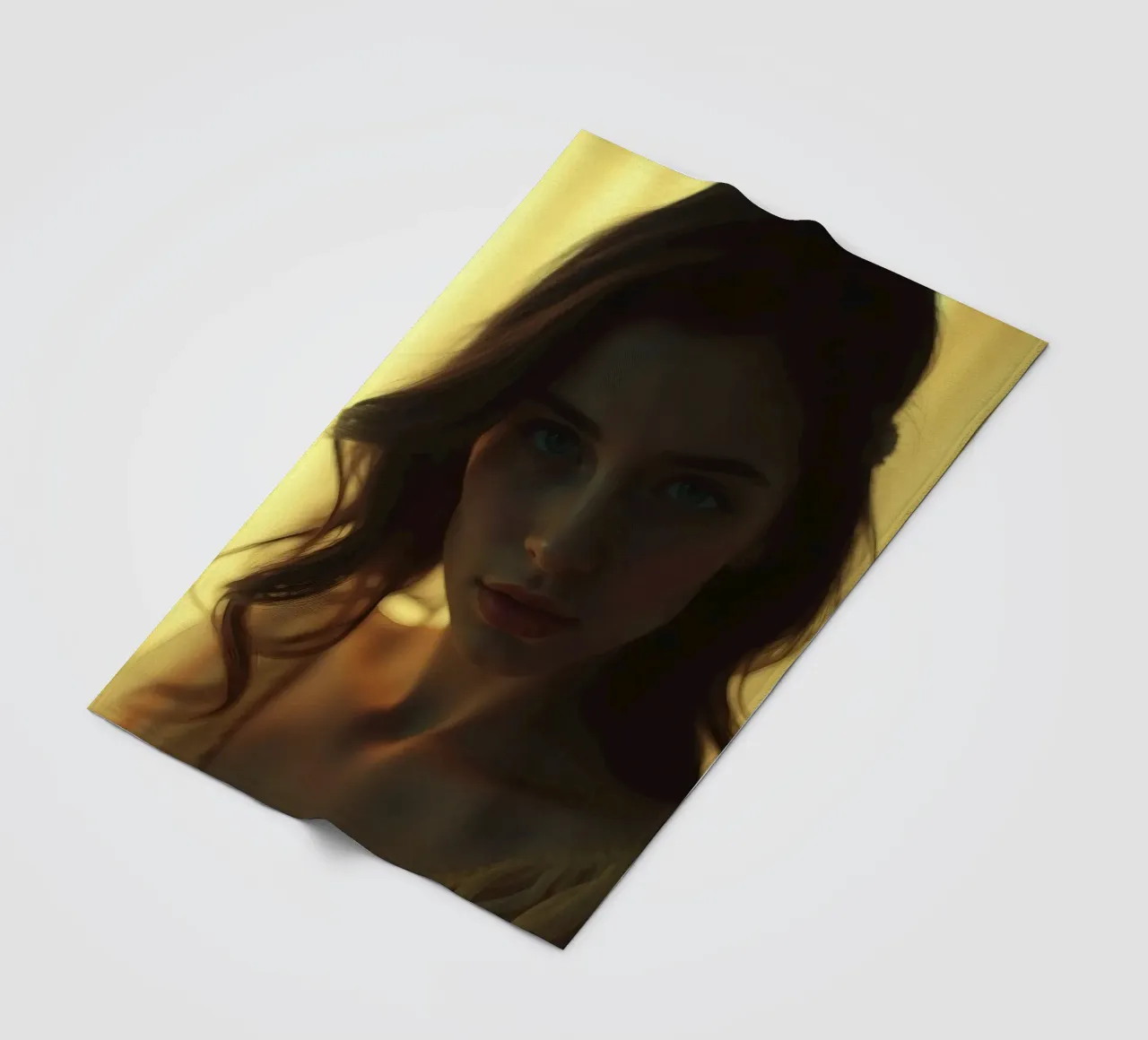 Une jeune femme aux cheveux flottants regarde pensivement sous une douce lumière. plaid polaire de DesignDoodle