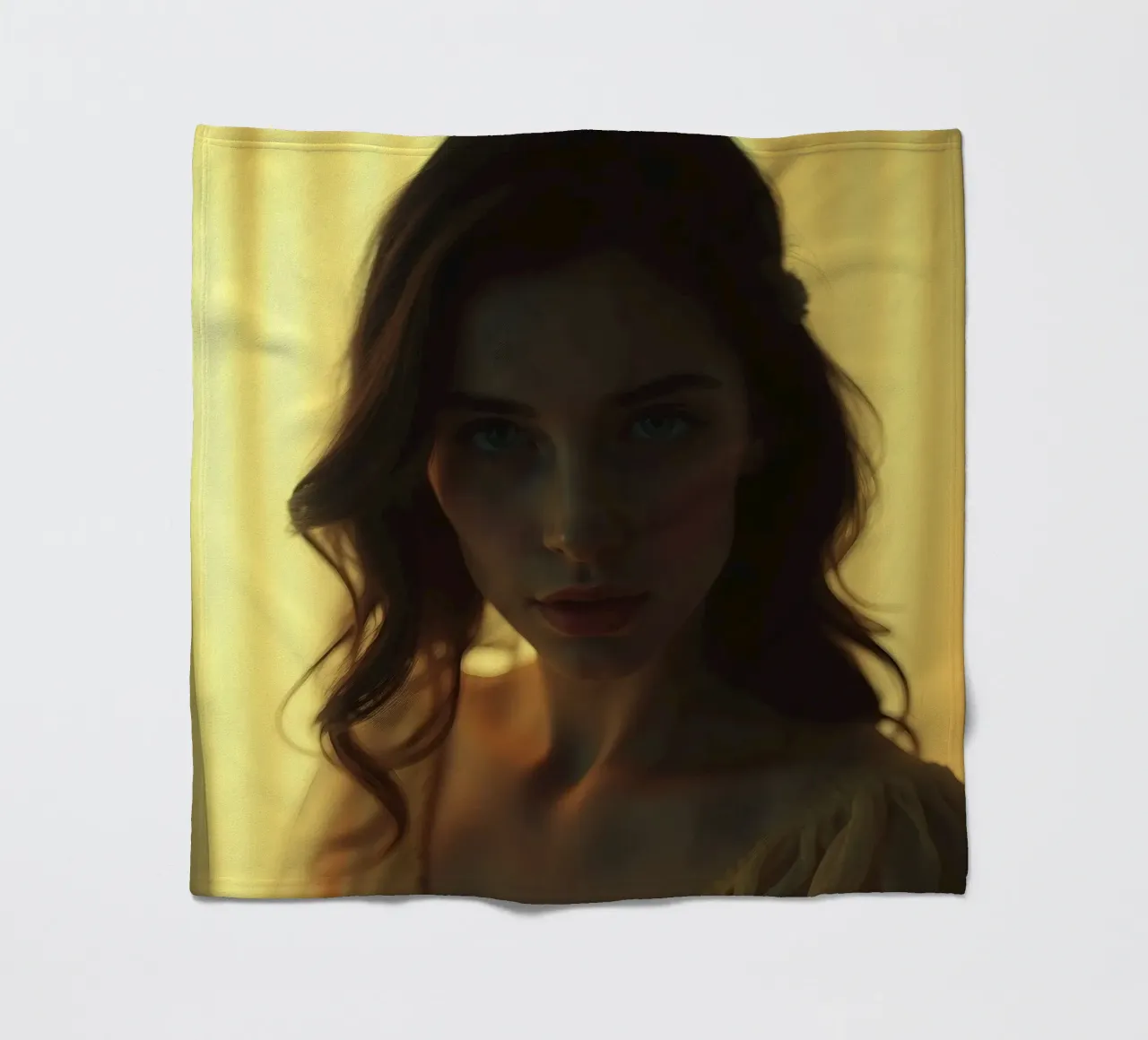 Une jeune femme aux cheveux flottants regarde pensivement sous une douce lumière. plaid polaire de DesignDoodle