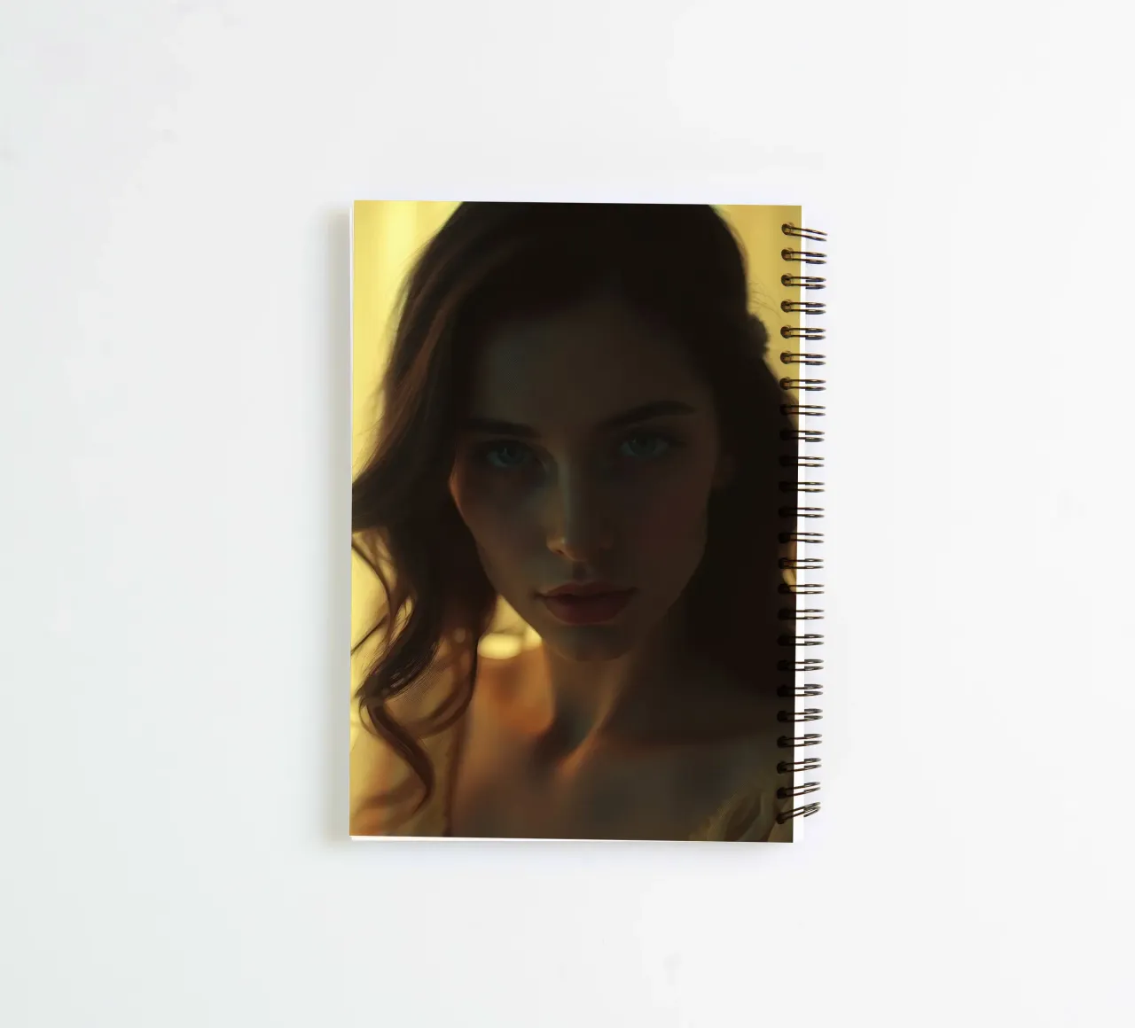 Une jeune femme aux cheveux flottants regarde pensivement sous une douce lumière. carnet à spirale de DesignDoodle