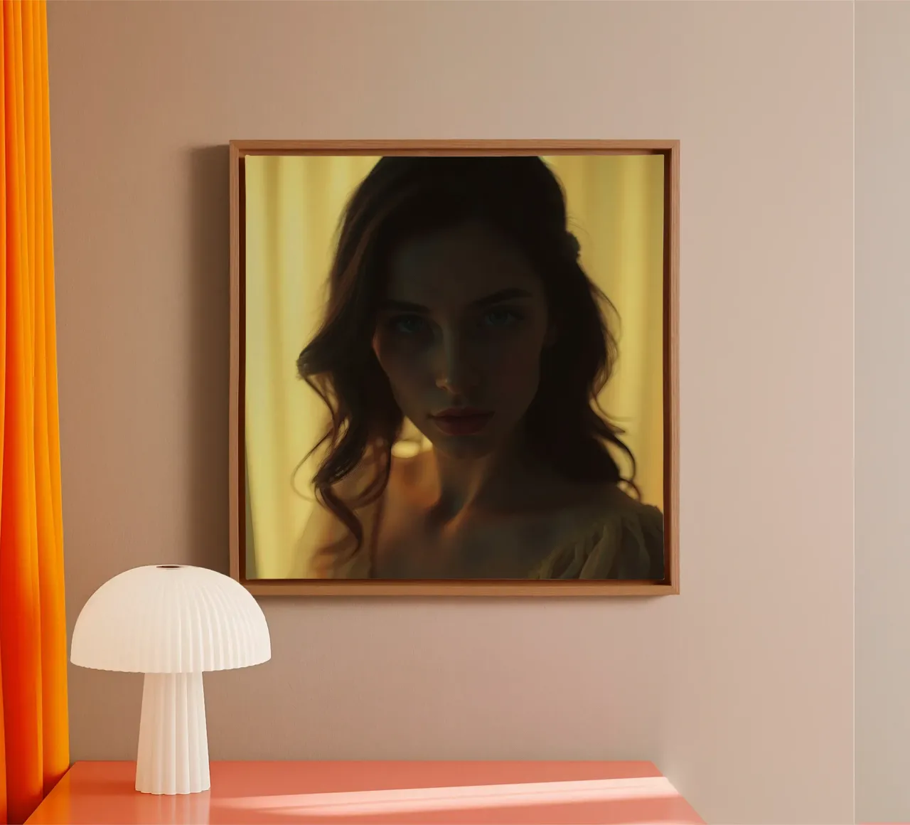 Jonge vrouw met wapperende haren staart peinzend onder zachte canvas van DesignDoodle
