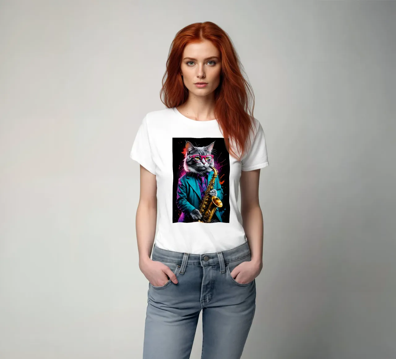 Cat plays the saxophone t-shirt by MakArena
