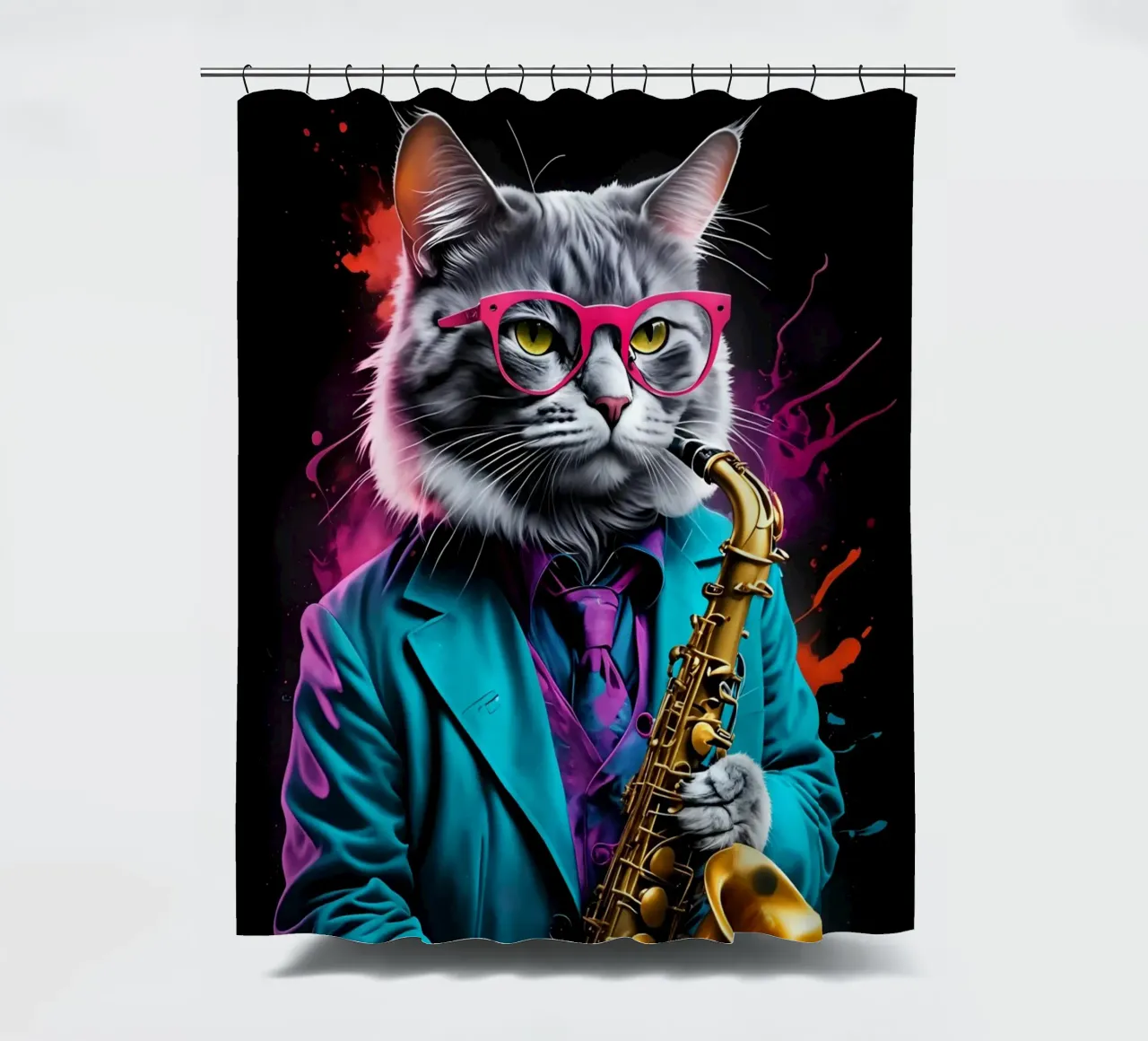 Cat plays the saxophone shower curtain by MakArena
