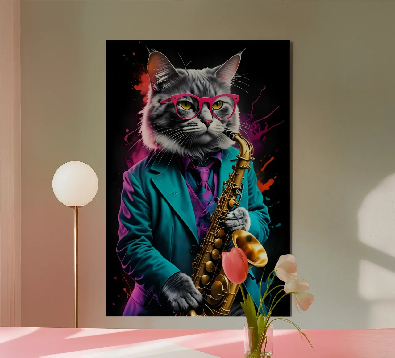 Il gatto suona il sassofono alluminio dibond da MakArena
