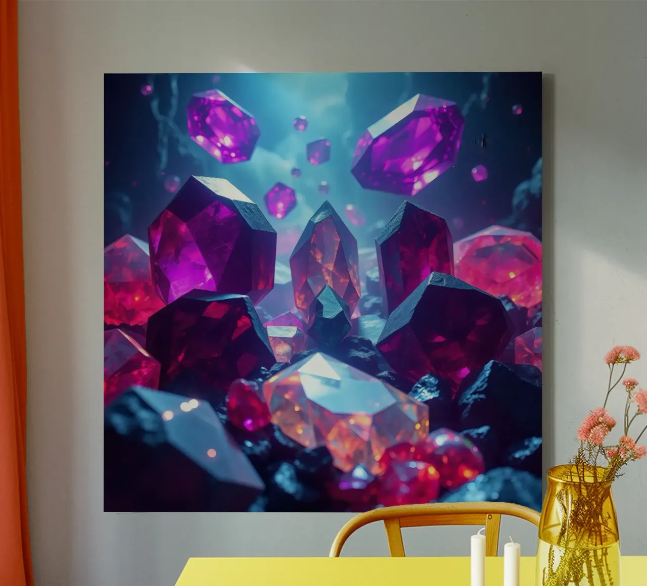 crystals and gemstones illuminated in a mystical cave canvas by DesignDoodle