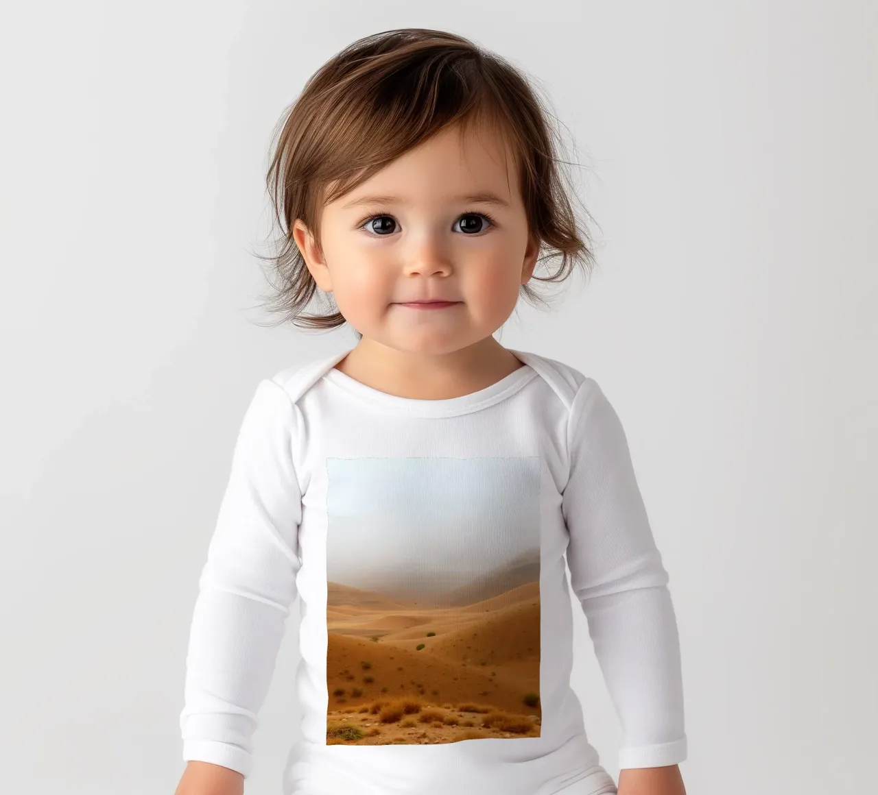 desert landscape under cloudy sky with gentle rolling dunes long-sleeve baby romper by DesignDoodle
