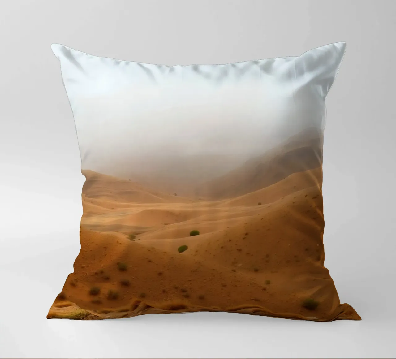 desert landscape under cloudy sky with gentle rolling dunes decorative cushion by DesignDoodle