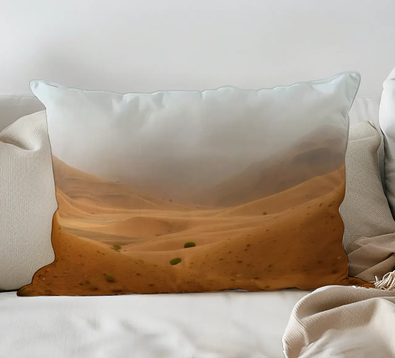 desert landscape under cloudy sky with gentle rolling dunes decorative cushion by DesignDoodle