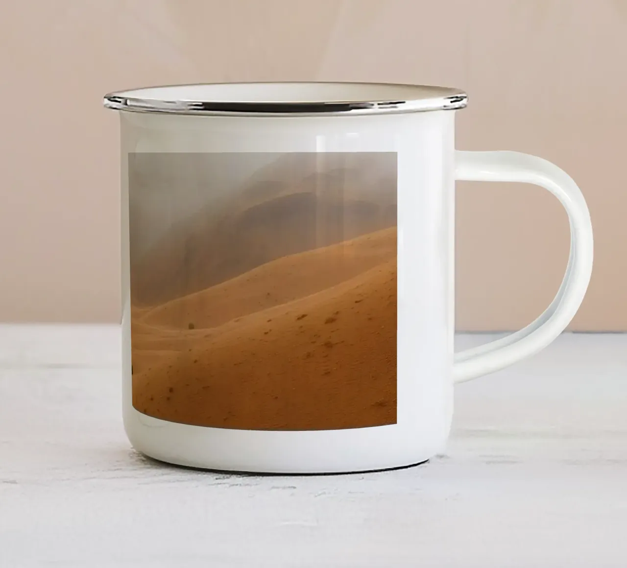 desert landscape under cloudy sky with gentle rolling dunes enamel mug by DesignDoodle