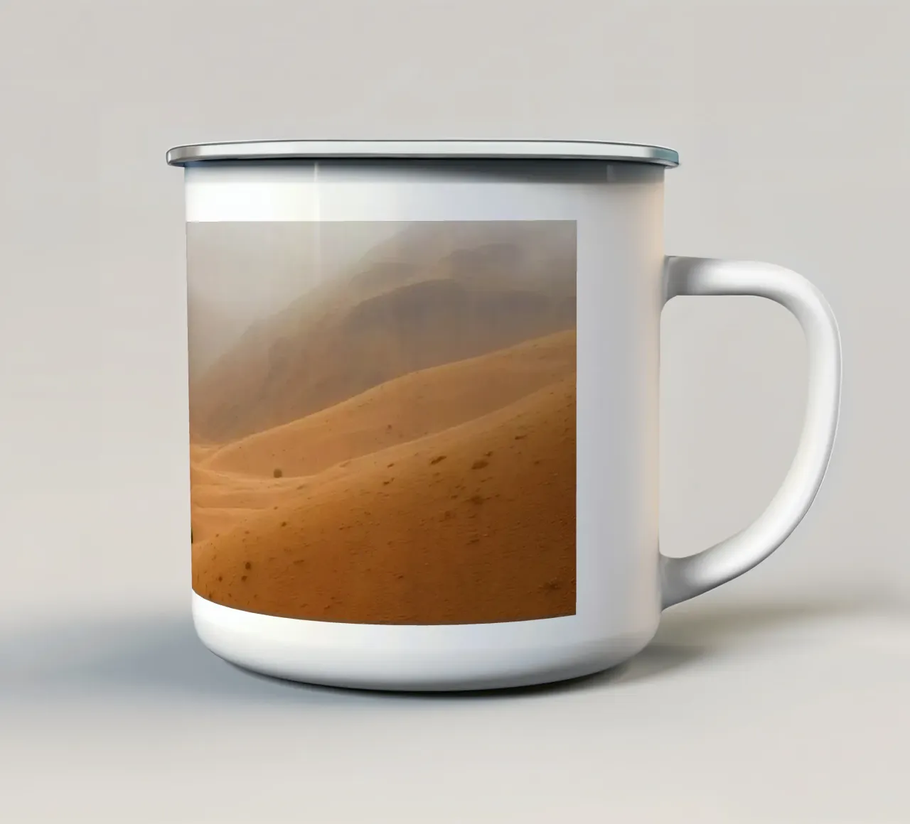 desert landscape under cloudy sky with gentle rolling dunes enamel mug by DesignDoodle