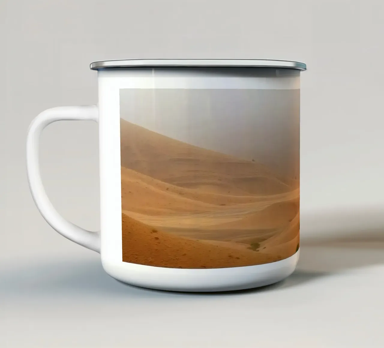 desert landscape under cloudy sky with gentle rolling dunes enamel mug by DesignDoodle