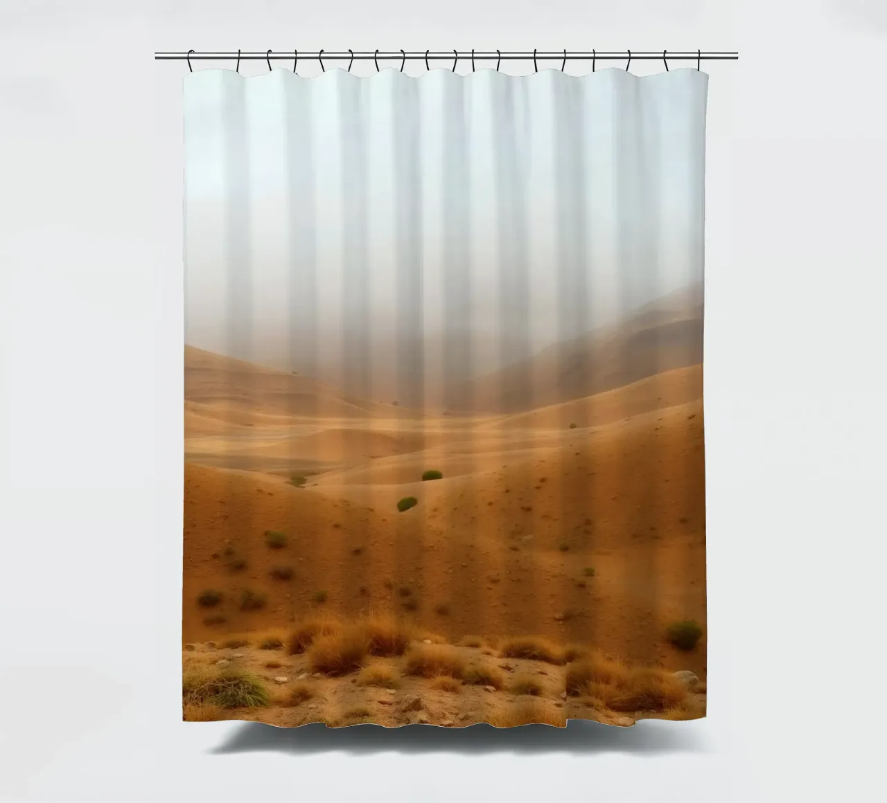 desert landscape under cloudy sky with gentle rolling dunes shower curtain by DesignDoodle