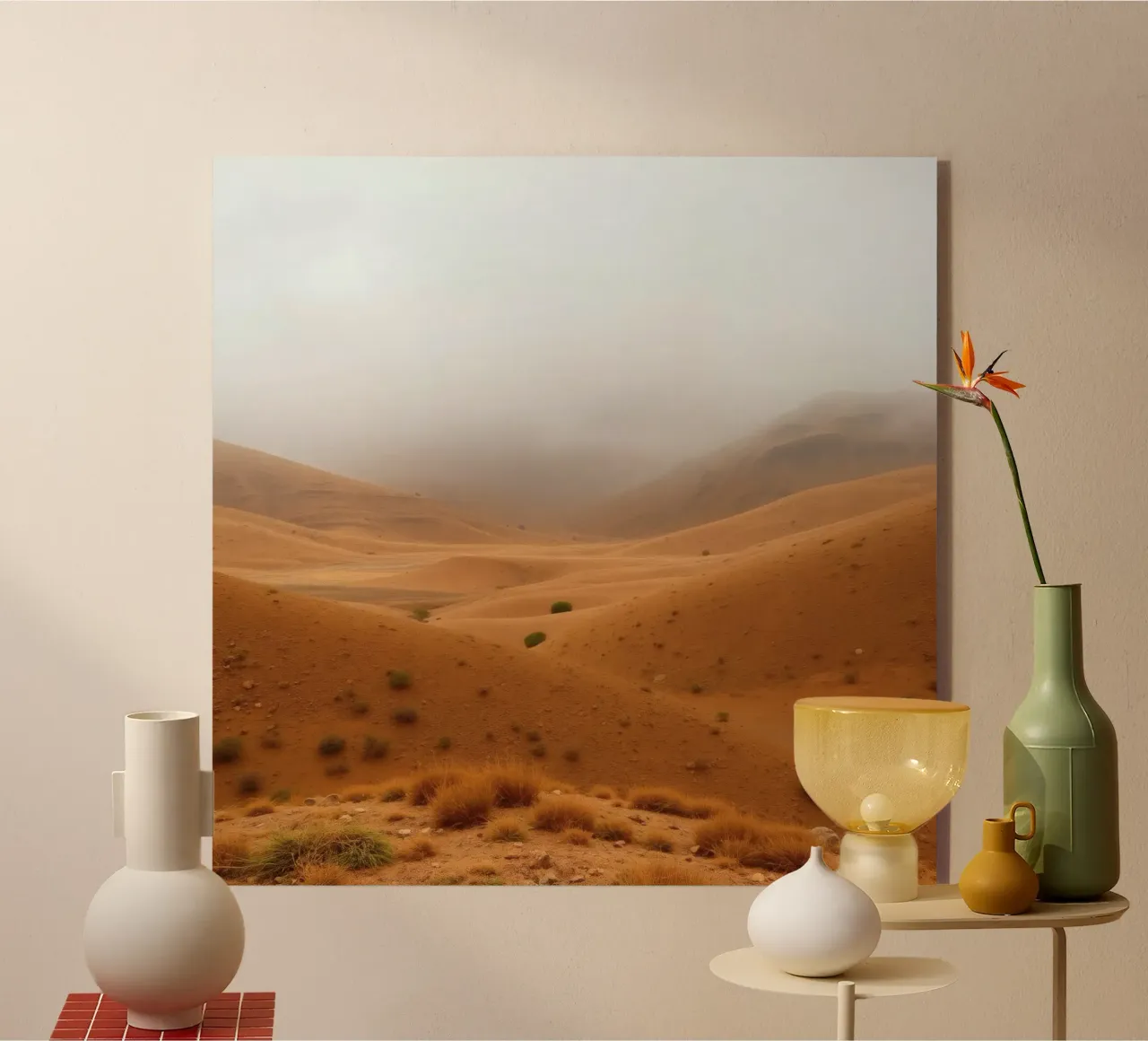desert landscape under cloudy sky with gentle rolling dunes acrylic glass by DesignDoodle