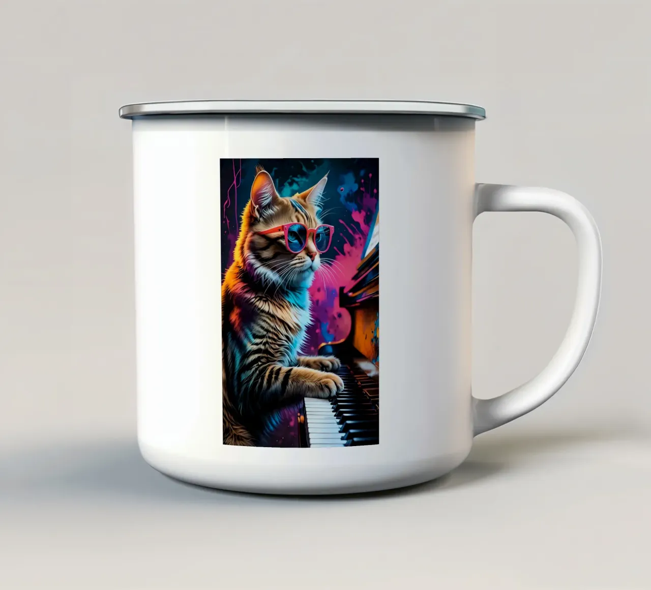 Il gatto suona il pianoforte al neon tazza in smalto da MakArena