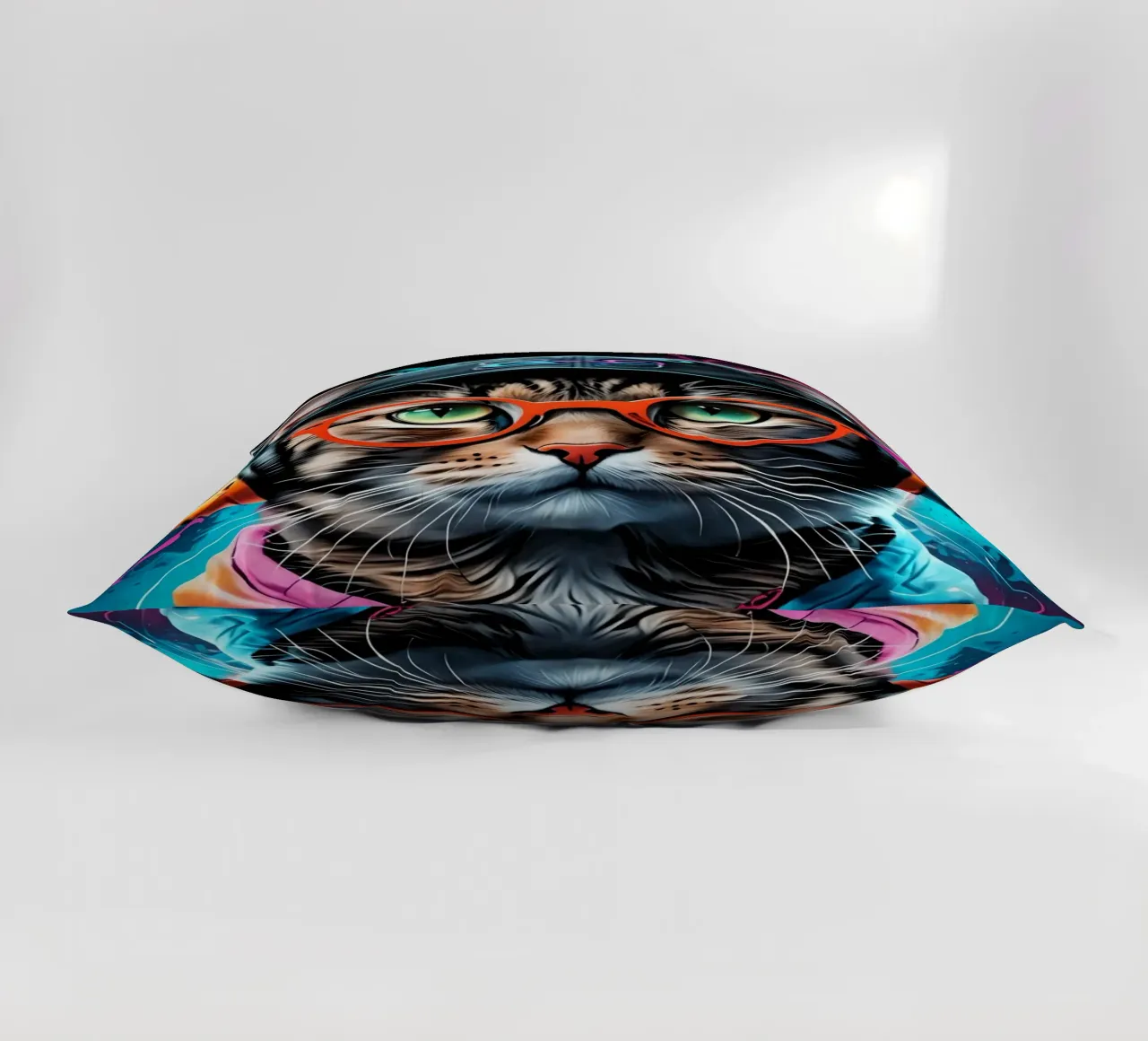Cat in headphones neon decorative cushion by MakArena