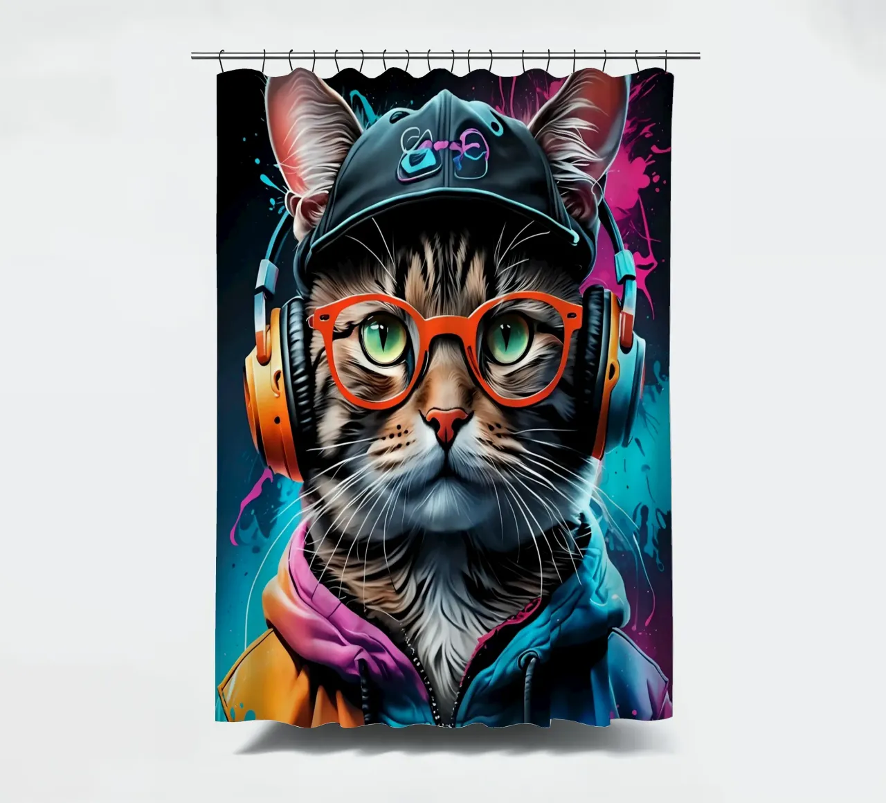 Katze im Kopfhörer neonfarben Duschvorhang von MakArena