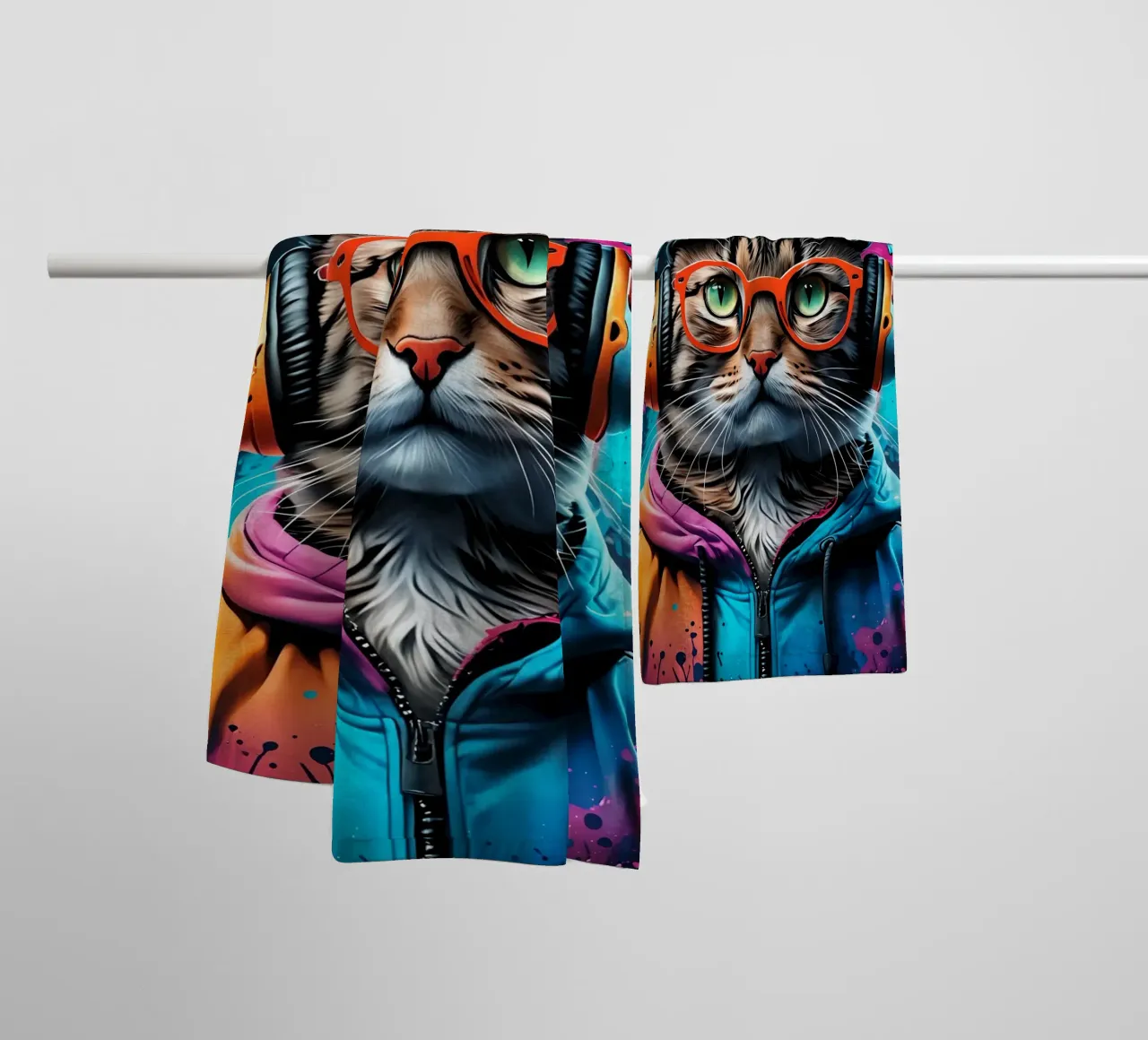 Gatto in cuffia al neon asciugamano da bagno da MakArena
