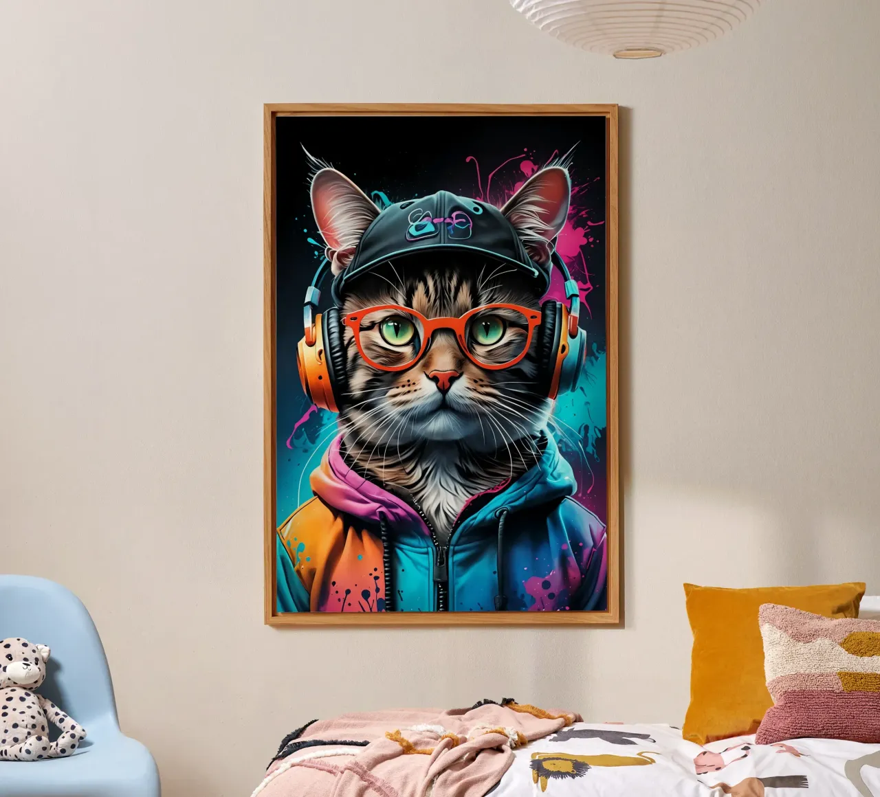Gatto in cuffia al neon alluminio dibond da MakArena