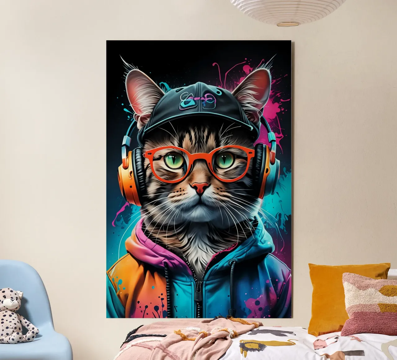 Gatto in cuffia al neon alluminio dibond da MakArena