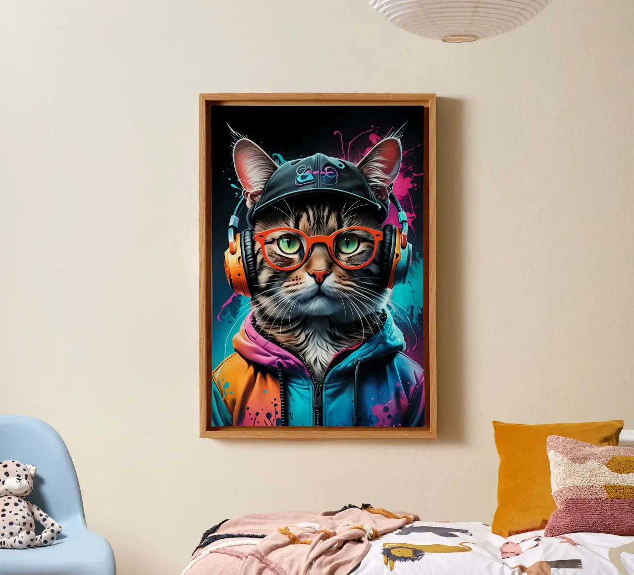 Cat in headphones neon canvas by MakArena