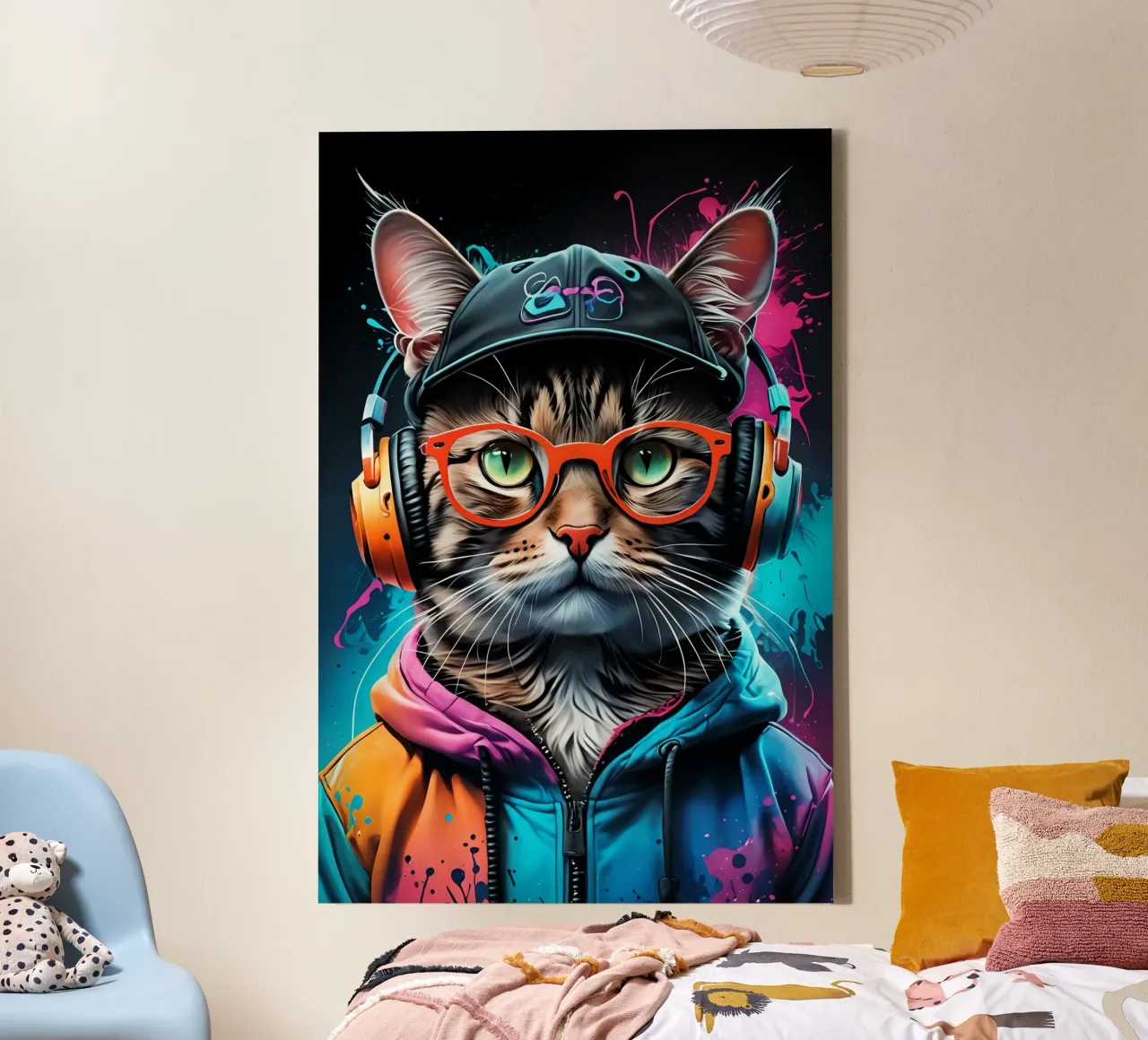 Cat in headphones neon canvas by MakArena