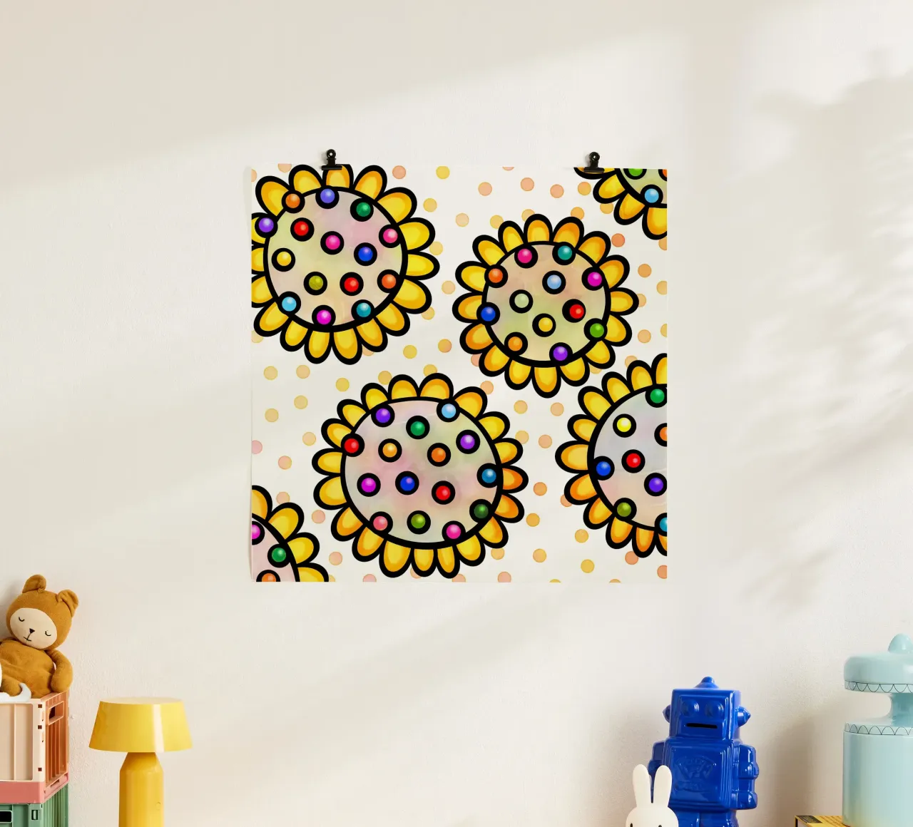 Margherite Inky Pop poster con telaio in legno da Botanical Pattern House