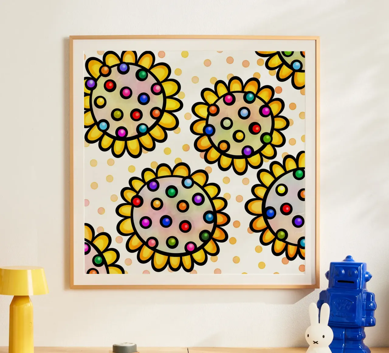 Margherite Inky Pop poster con telaio in legno da Botanical Pattern House