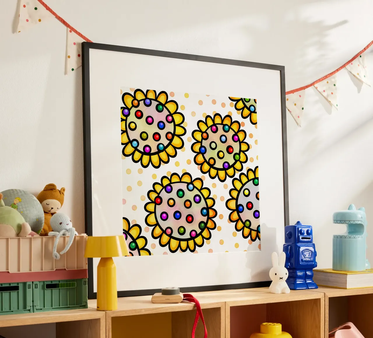 Margherite Inky Pop poster con telaio in legno da Botanical Pattern House