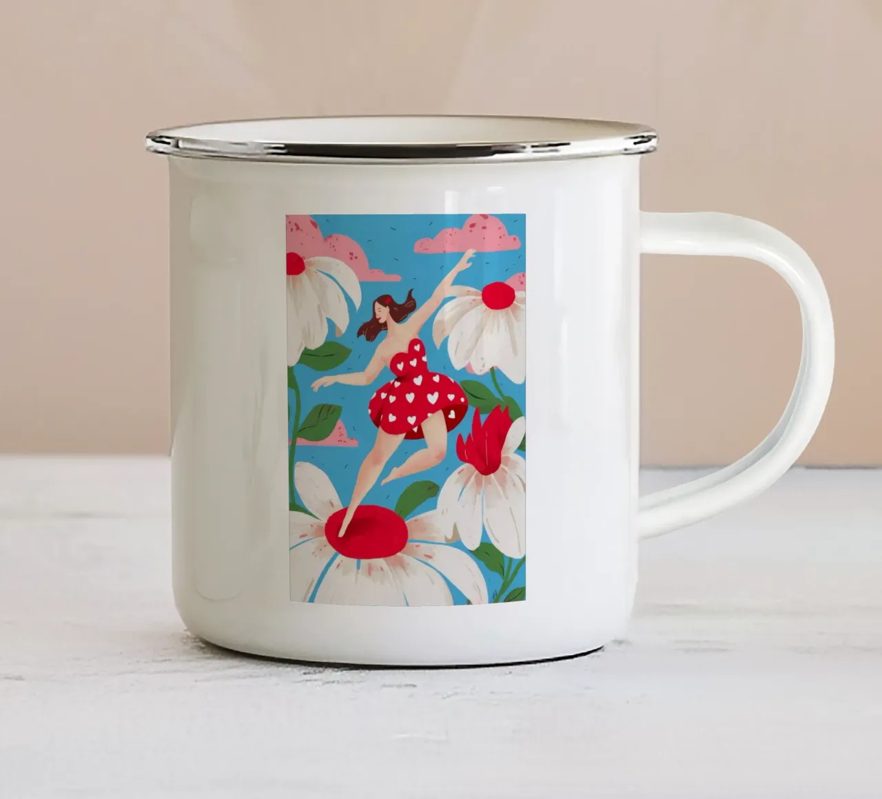 Speelse Daisy dans emaille mok van Petal Canvas