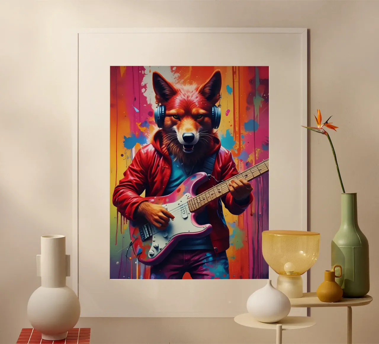 Il lupo rosso brutale suona la chitarra poster con telaio in legno da MakArena