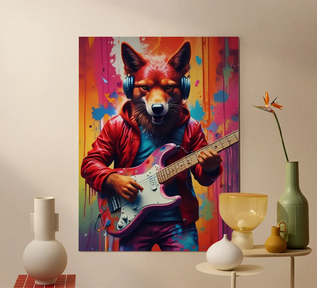 Il lupo rosso brutale suona la chitarra poster con telaio in legno da MakArena