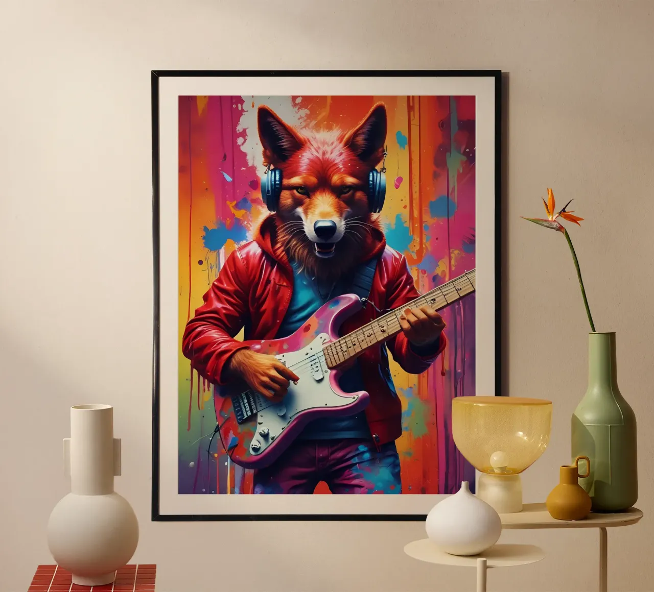 Il lupo rosso brutale suona la chitarra poster con telaio in legno da MakArena
