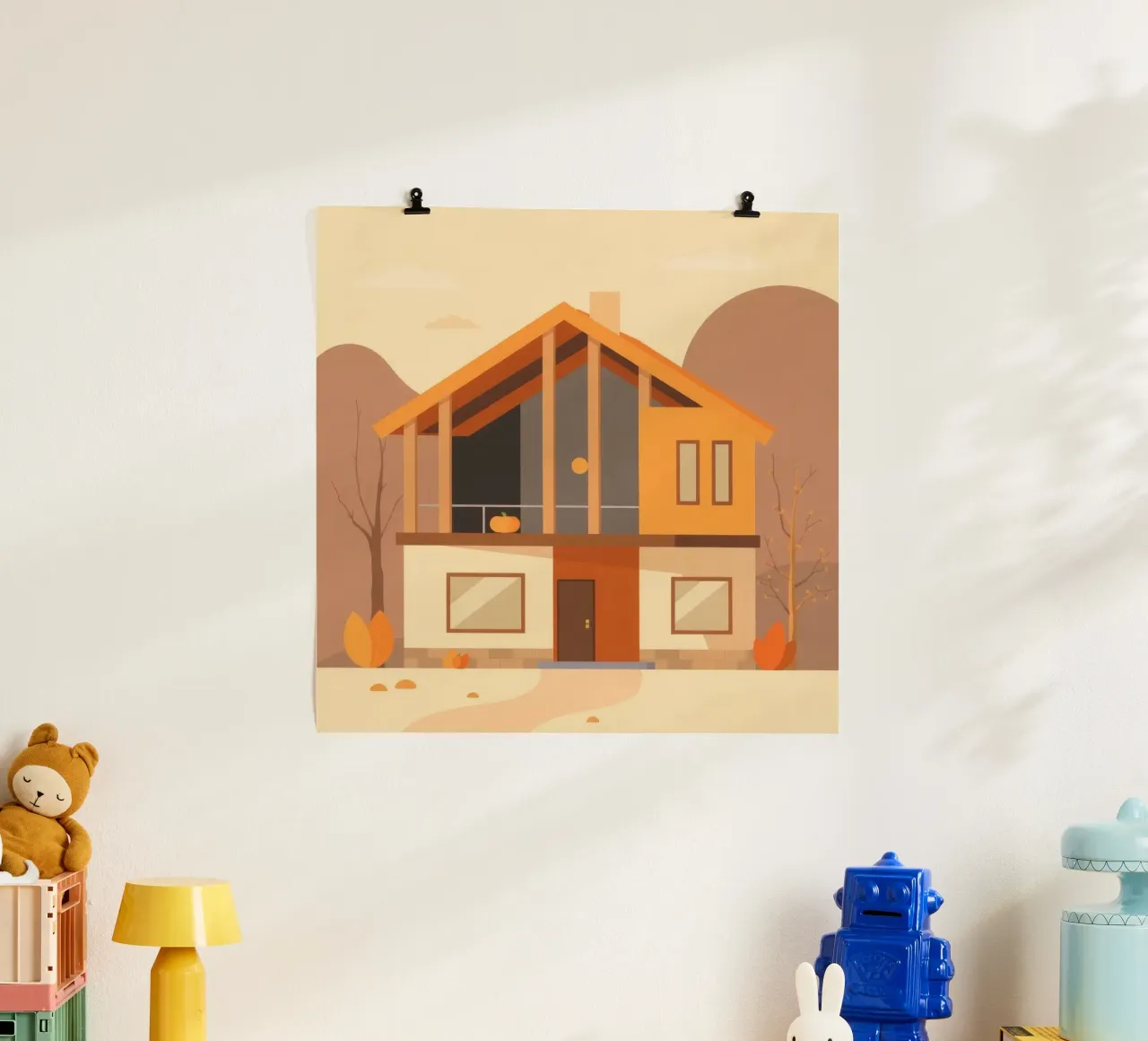 Casa moderna arancione e beige con balcone carta hahnemühle da DesignDoodle