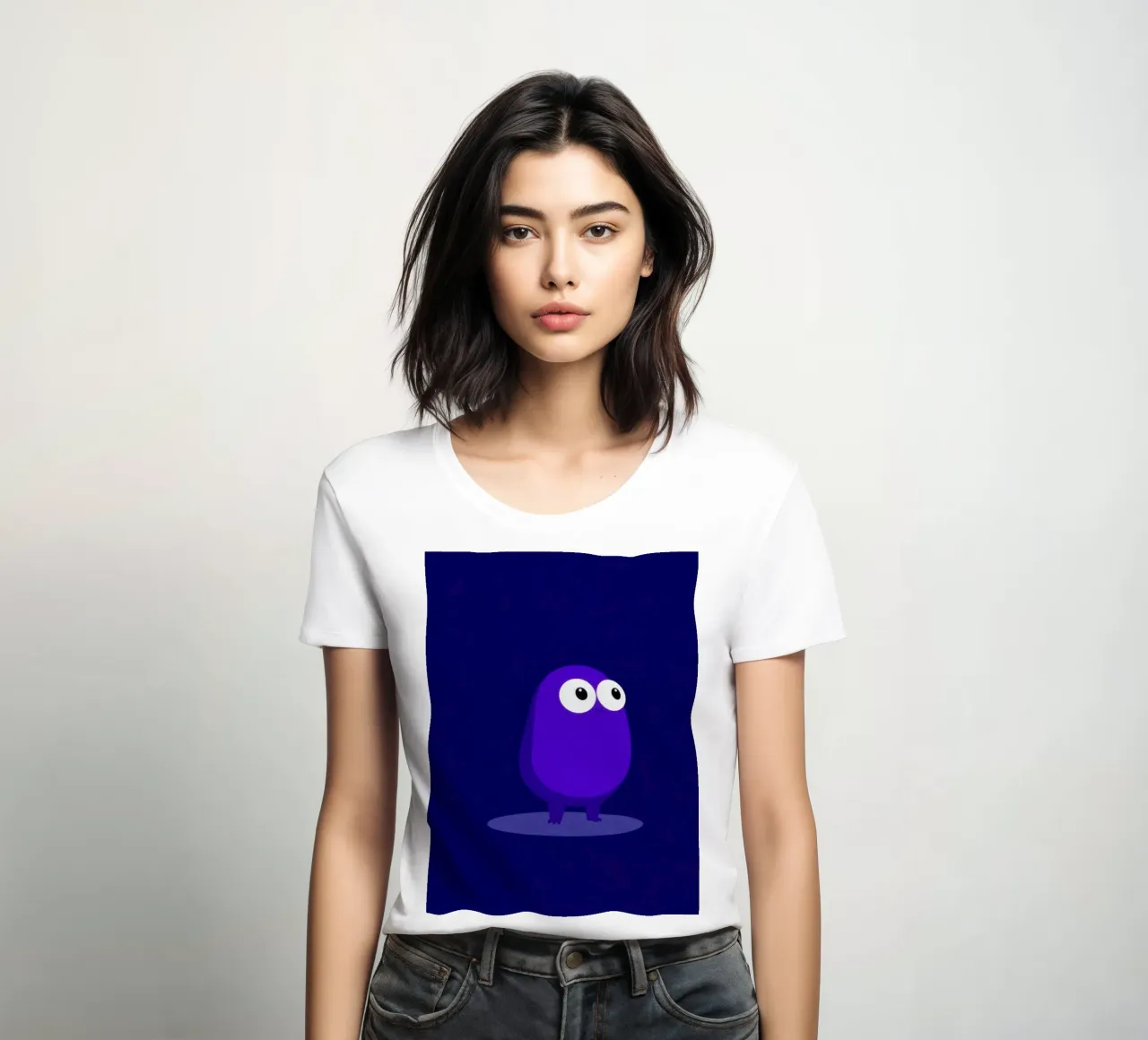 Cute purple animated character standing women's fitted t-shirt by DesignDoodle