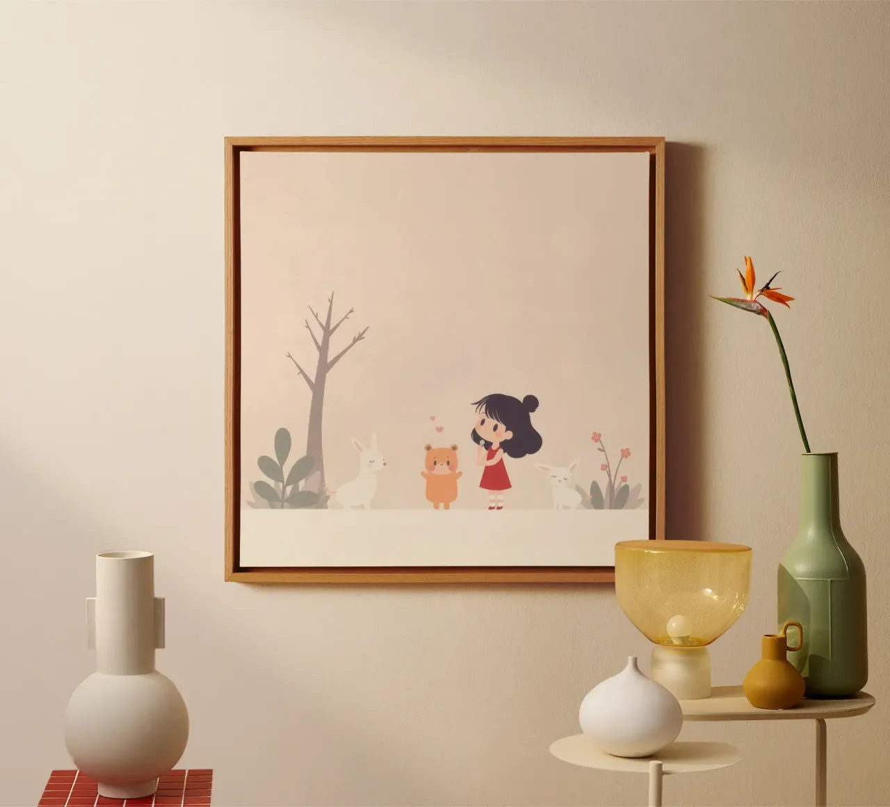 Children enjoy playtime with animals in a whimsical landscap canvas by DesignDoodle