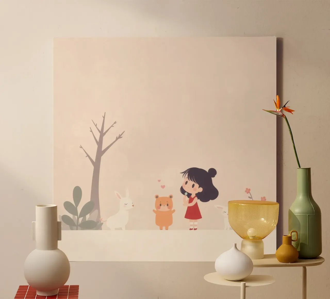 Children enjoy playtime with animals in a whimsical landscap canvas by DesignDoodle