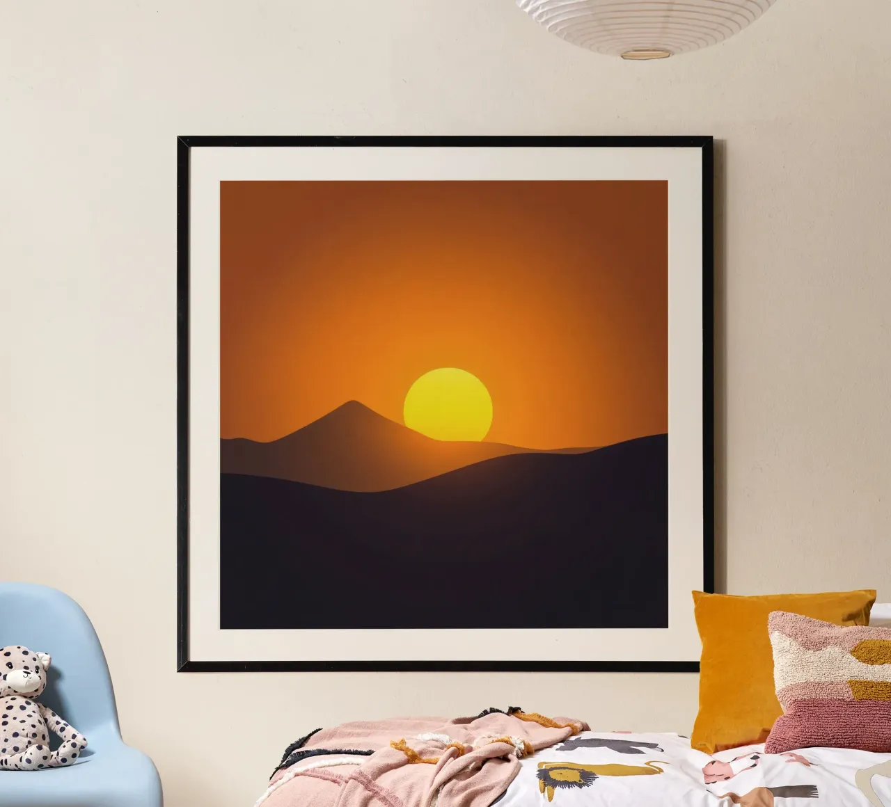 Tramonto su dolci colline con un drammatico cielo arancione poster con telaio in legno da DesignDoodle