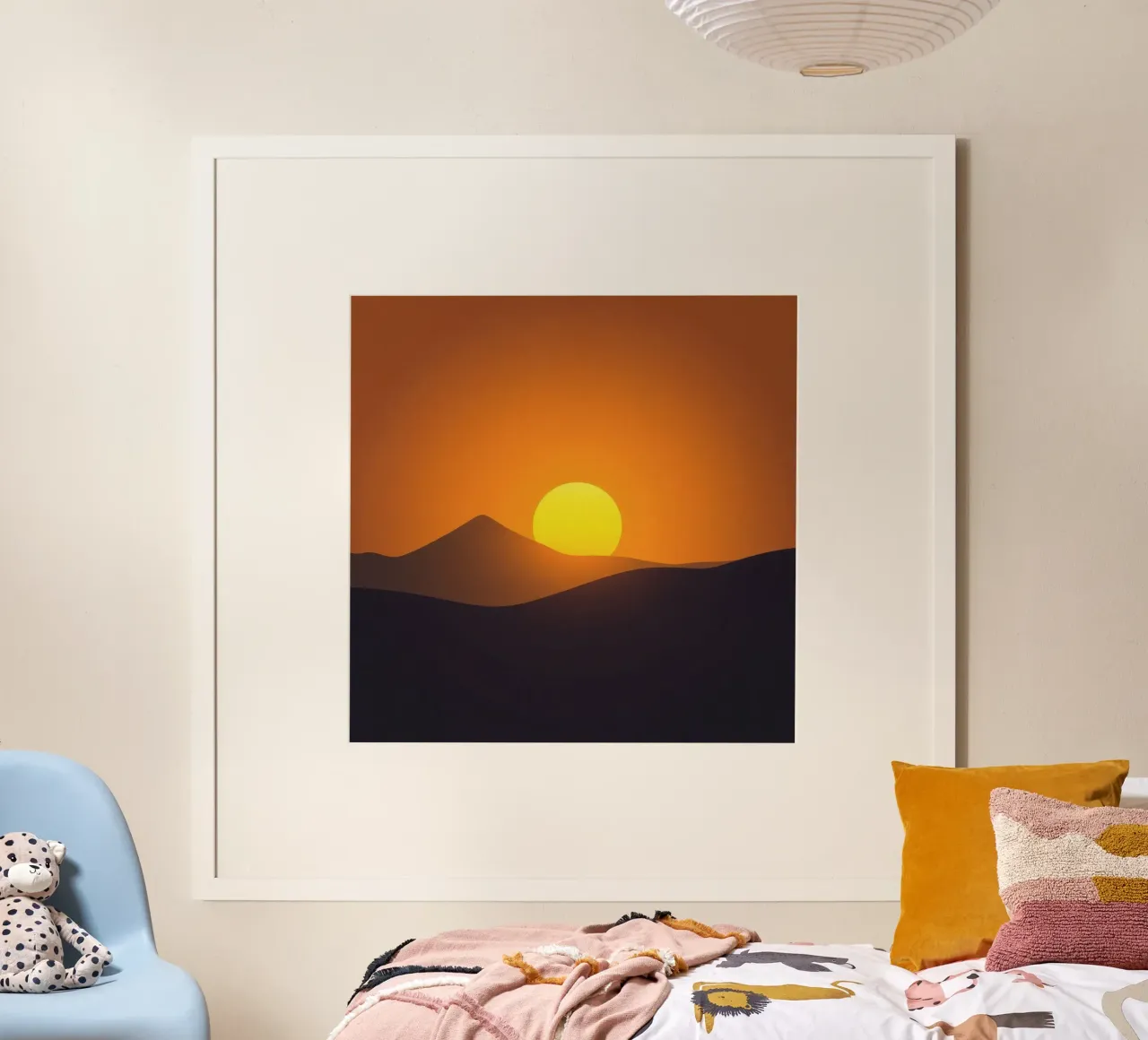 Tramonto su dolci colline con un drammatico cielo arancione poster con telaio in legno da DesignDoodle