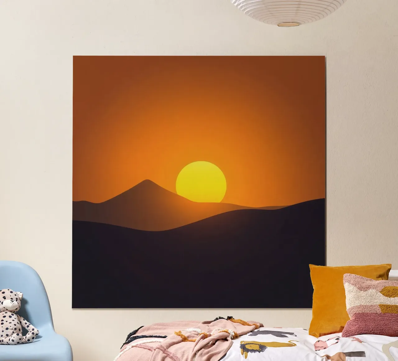 Tramonto su dolci colline con un drammatico cielo arancione poster con telaio in legno da DesignDoodle