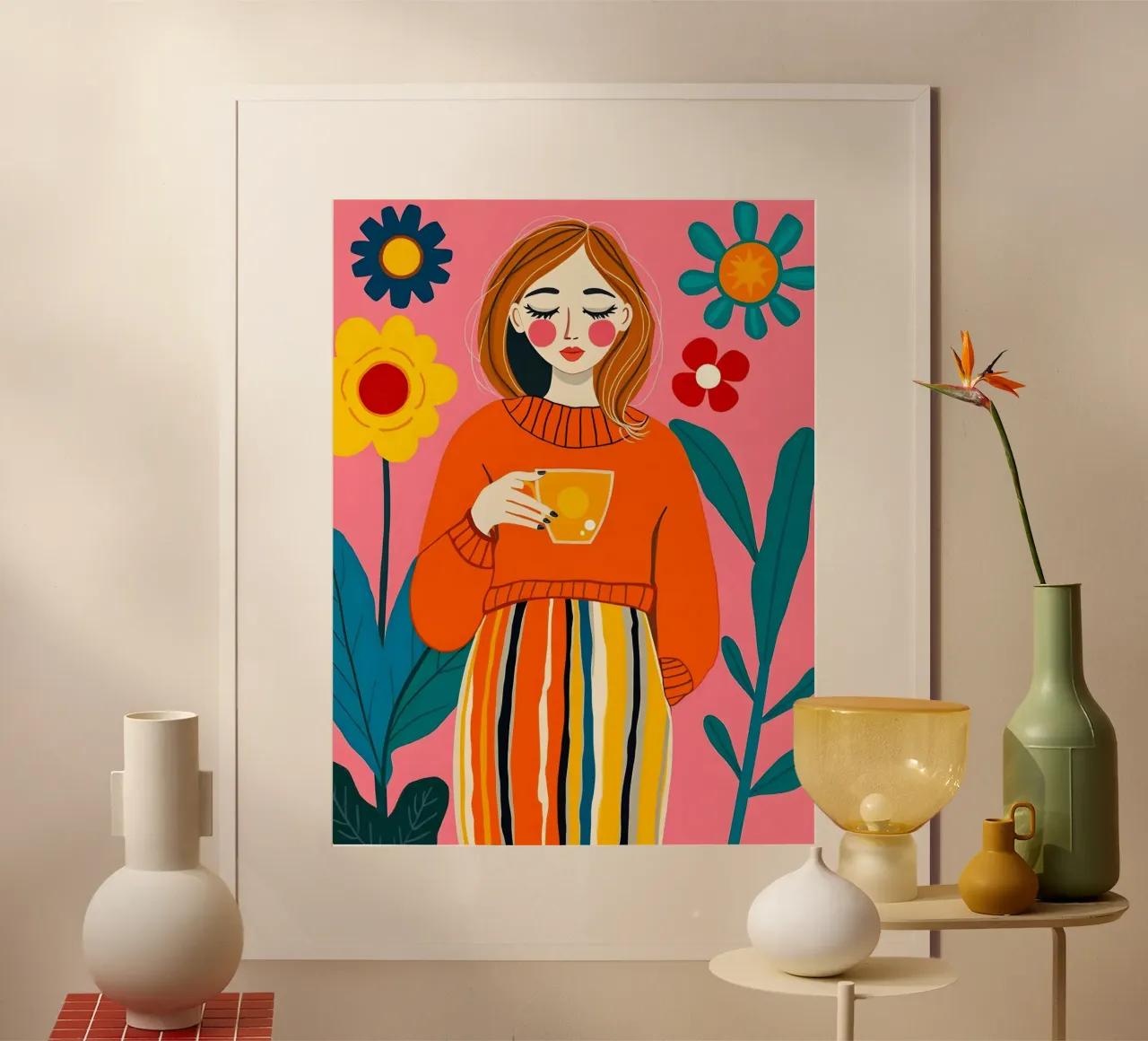 RITRATTO DI DONNA CALMA IN GIARDINO poster con telaio in plastica da ARTOMATIC